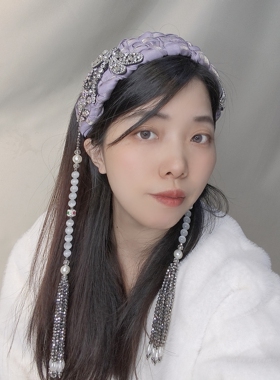 原创重工高端紫色镶钻蜻蜓流苏发箍女新中式编发复古发卡宽版头饰