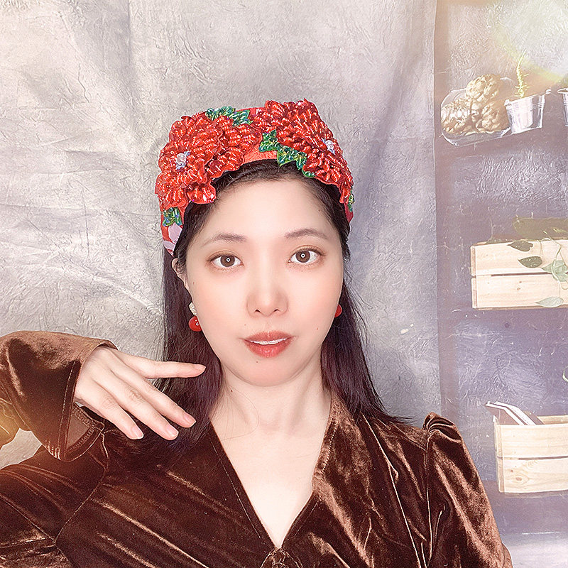 宫廷风红色串珠花朵发箍女宽边压发带齿红绿镶钻气质头饰发带