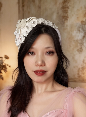 原创森系白色镶钻花朵发箍高颅顶头饰贵气侧边头箍高级感发卡配饰