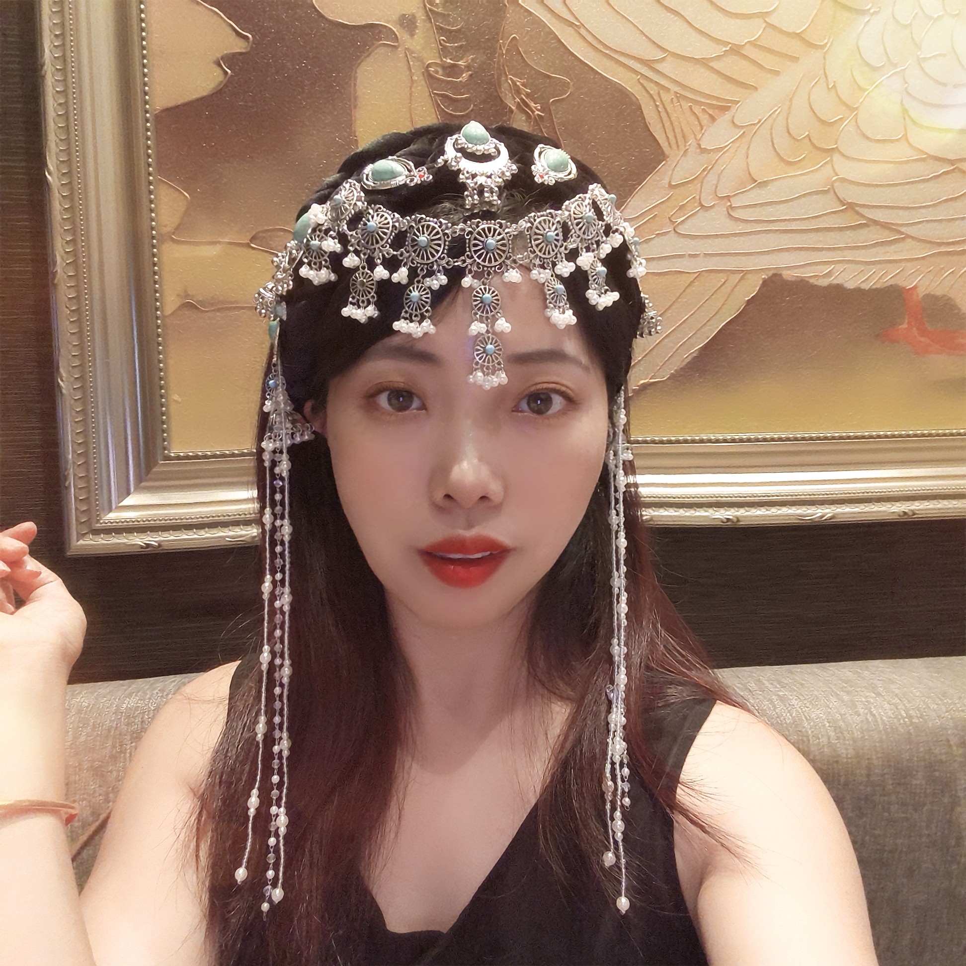 新中式民族风复古蓝色镶钻流苏发箍镶钻水晶头饰国风个性发饰女