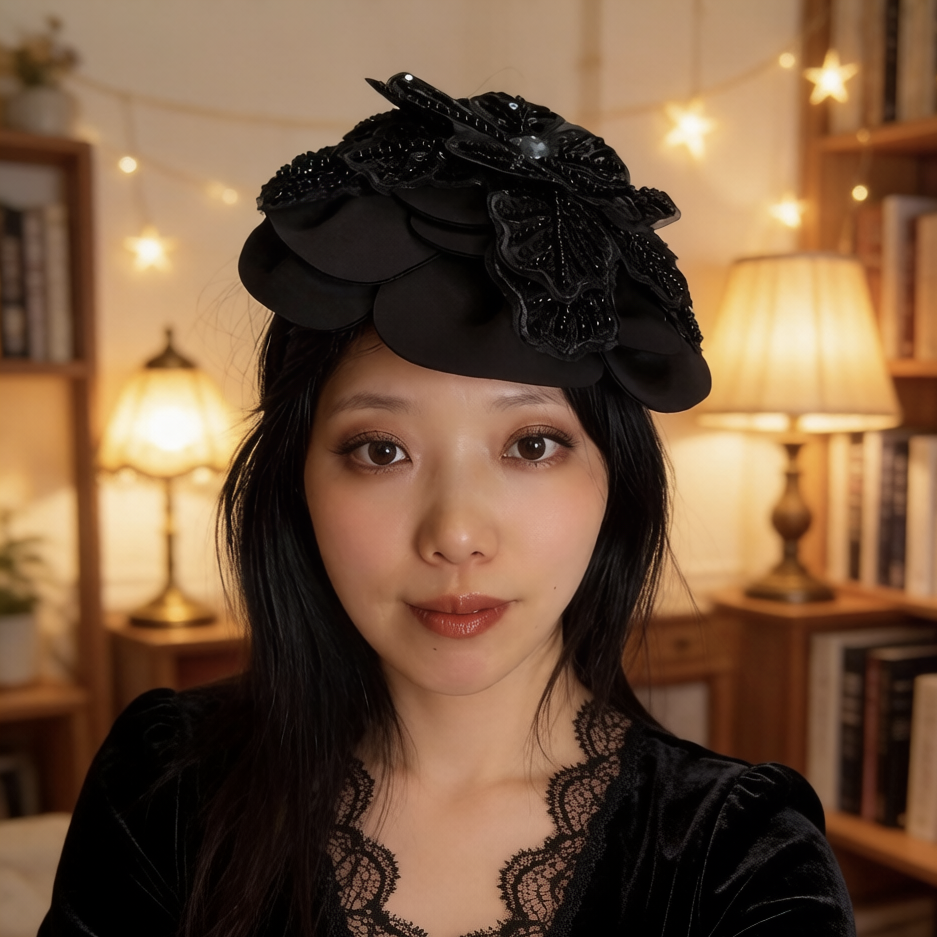 法式黑色花朵半帽发箍女宽边包头包发卡布艺气质百搭外出头箍头饰