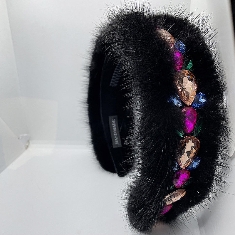 秋冬发饰黑色彩钻水貂毛发箍女带齿镶钻发卡女士奢华水晶头箍重工