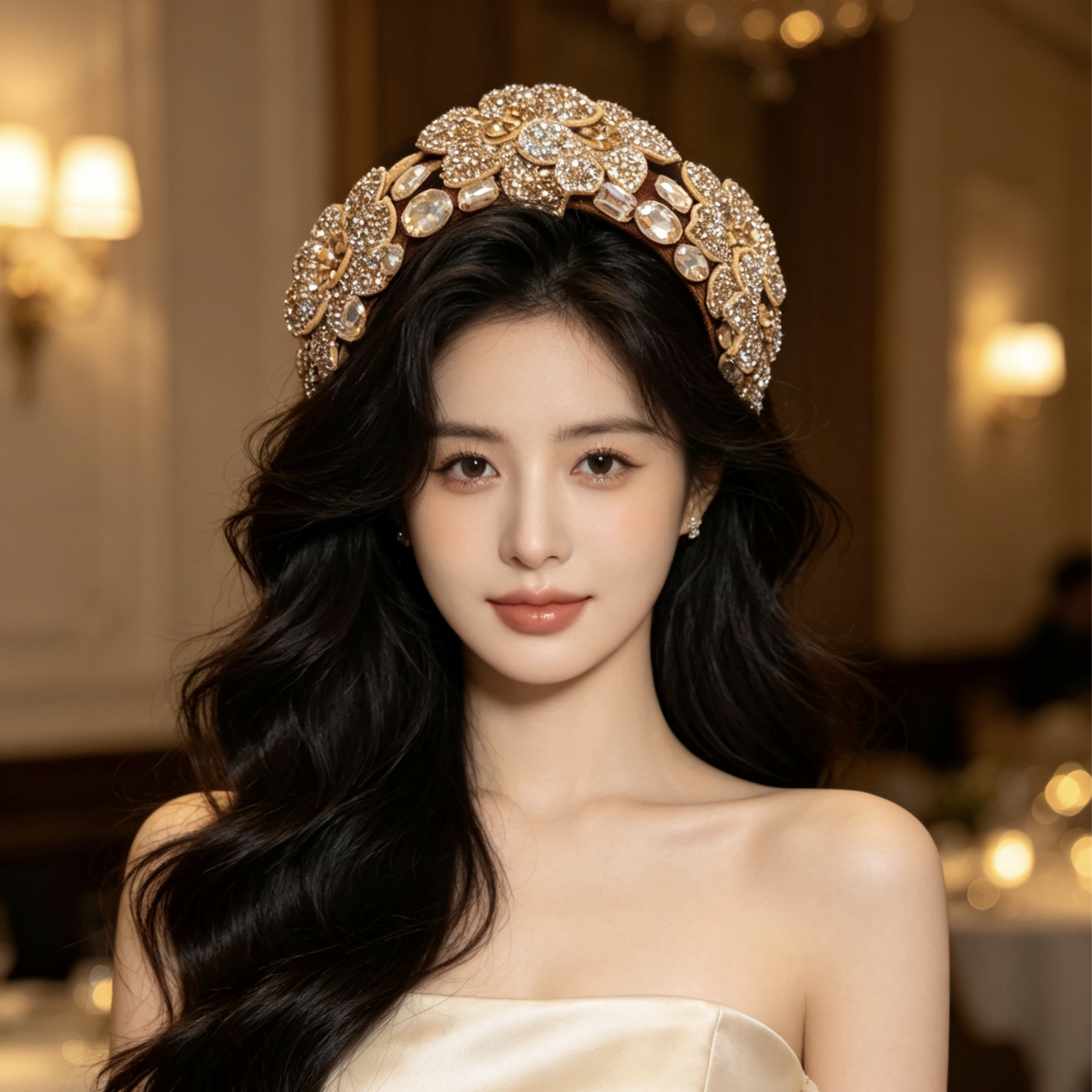 复古风香槟色闪钻双花发箍女高颅顶带齿镶钻发卡宽边水钻花朵头箍