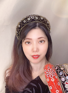 原创新品黑色水钻发箍女高颅顶镶钻花朵发卡宽边贵气头箍带齿发饰