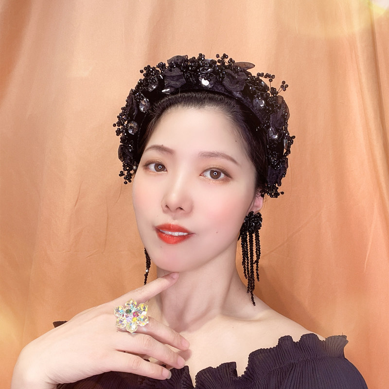 复古黑色蕾丝串珠发箍女高颅顶镶钻发卡女宽边人工不规则水晶头箍