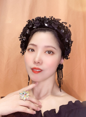 复古黑色蕾丝串珠发箍女高颅顶镶钻发卡女宽边人工不规则水晶头箍