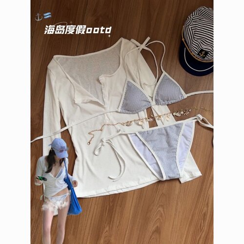 条纹显白性感比基尼三件套泳衣女