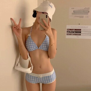 2026新款 多巴胺少女甜美风平角比基尼小胸度假格子泳衣泡温泉泳装