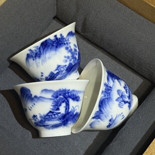 摹古青花铃铛杯 潮汕工夫茶三杯 纯手绘反口不烫手主人杯