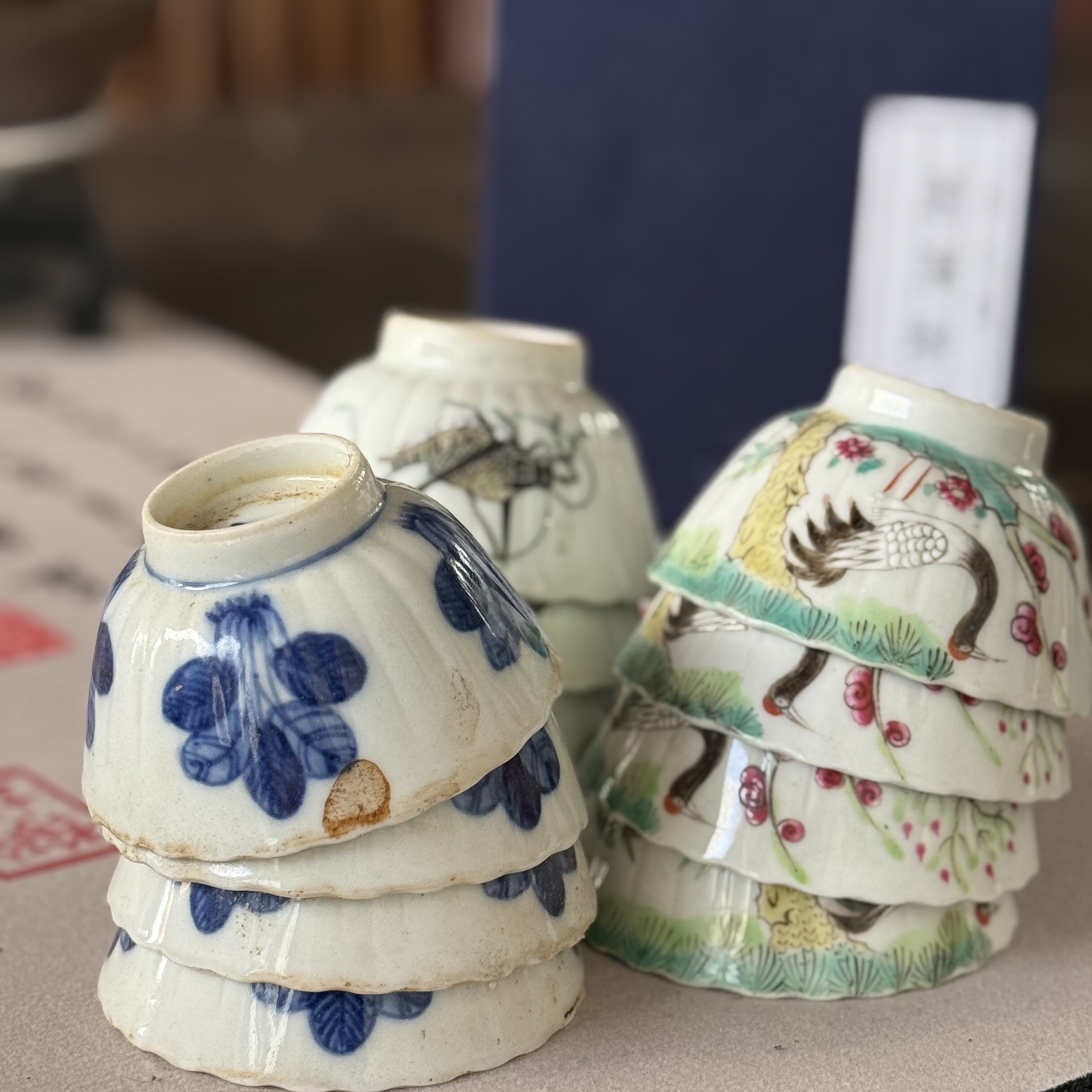 八九十年代景德镇粉彩瓜棱杯工夫茶品茗杯老库存老物件