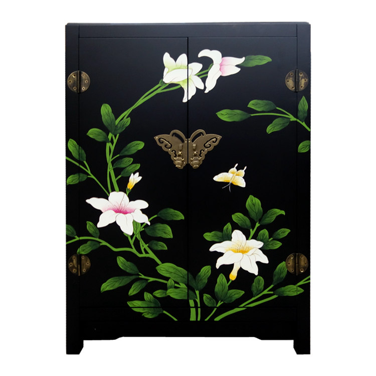 漆艺彩绘花鸟双门柜玄关装饰鞋柜定制扬州漆器新中式古典实木家具