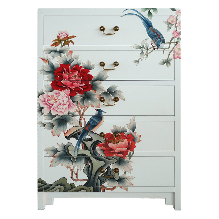 漆艺彩绘花鸟五抽柜五斗玄关装饰柜 扬州漆器新中式古典家居装饰
