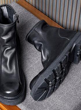 帕达索男士切尔西马丁靴冬季厚底休闲皮靴拉链头层牛皮男靴240802