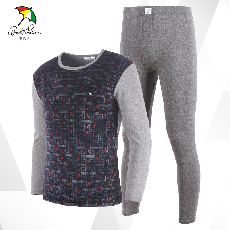 花雨伞男士新款加绒加厚保暖内衣条纹圆领膝盖双层保暖套装秋冬季