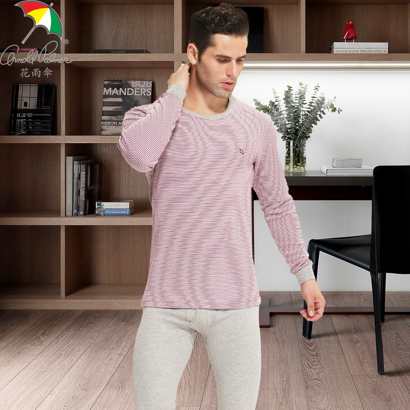花雨伞男士薄款内衣经典条纹圆领棉质基础打底时尚基础打底套装