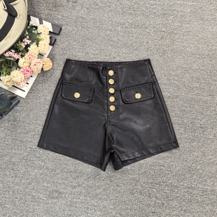 酷辣风黑色排扣PU皮短裤女高腰显高显瘦百搭包臀性感夜店热裤靴裤