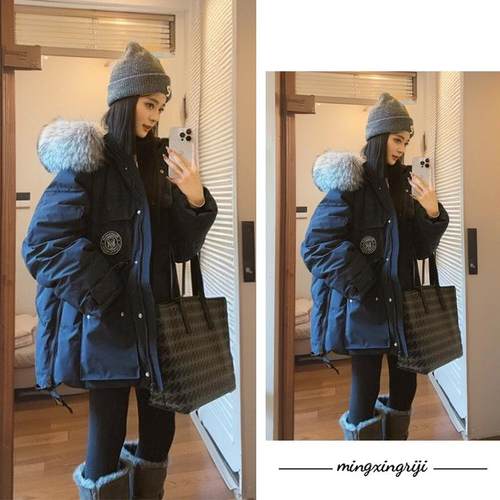 超大狐狸毛连帽工装派克服羽绒服