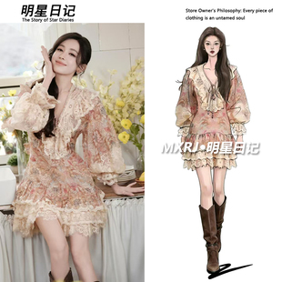 你好星期六古力娜扎2026新款灯笼袖连衣裙蕾丝拼接印花A字短裙女