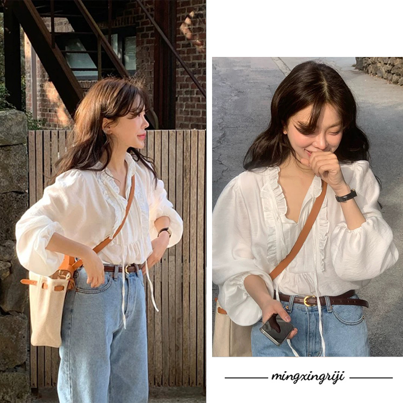 明星日记韩式温柔气质V领绑带拼接木耳边设计泡泡袖宽松纯色衬衫