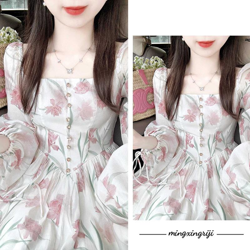 明星日记| 法式桔梗方领碎花灯笼袖连衣裙女初春超好看精致长裙子