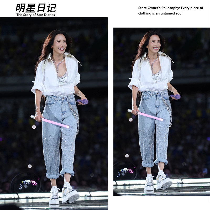 莫文蔚同款白色长袖衬衫上衣女2025夏季新款蓝色烫钻牛仔裤长裤子