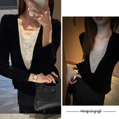 收腰高级感时尚 修身 T恤 上衣26新款 明星日记名媛风V领珠链拼接长袖