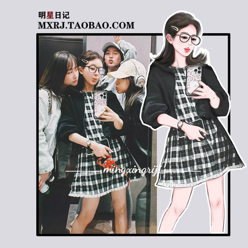 赵露思明星同款格纹优雅可爱收腰连衣裙女夏季纯欲辣妹显瘦裙子女