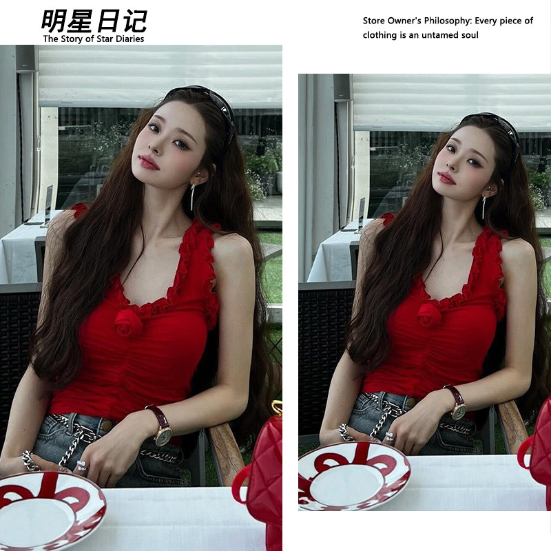 宋智雅同款| 立体玫瑰花木耳花边红色V领吊带背心百搭显瘦上衣夏图片
