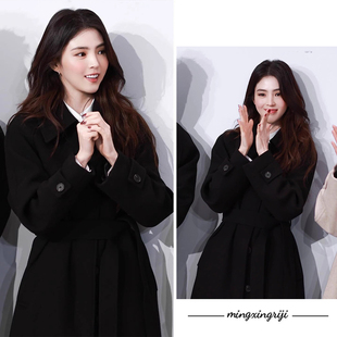 明星日记韩素希同款黑色羊毛大衣系带修身简约韩系显瘦长外套女