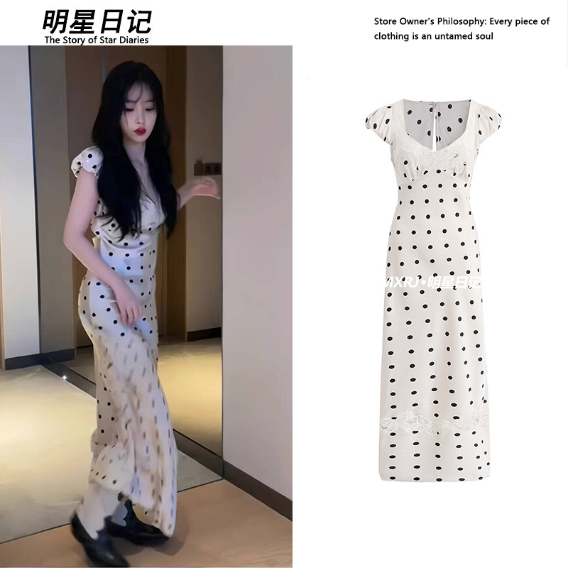 虞书欣明星同款法式缎面波点连衣裙小众设计蕾丝镂空休闲度假长裙