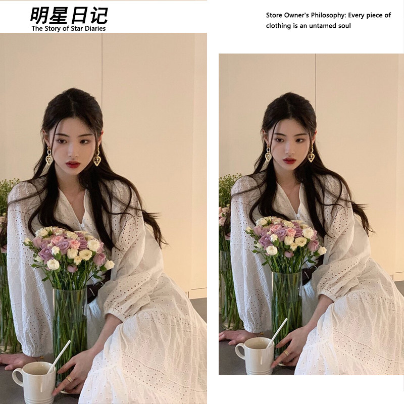 明星日记法式复古高级感白色蕾丝连衣裙女春夏新款收腰长款仙女裙