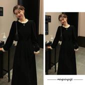 明星日记 法式 赫本风黑色丝绒连衣裙女秋冬花边拼接显瘦长裙子