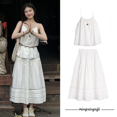 李兰迪同款法式学院风吊带背心连衣裙女夏镂空钩花纯色长裙半身裙