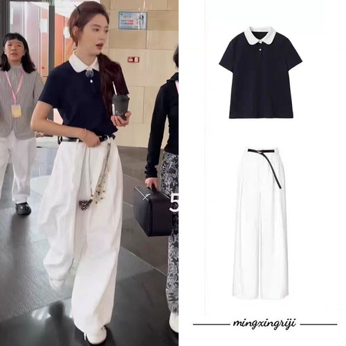 章若楠同款翻领POLO衫短袖T恤上衣女休闲百搭白色阔腿裤套装夏季