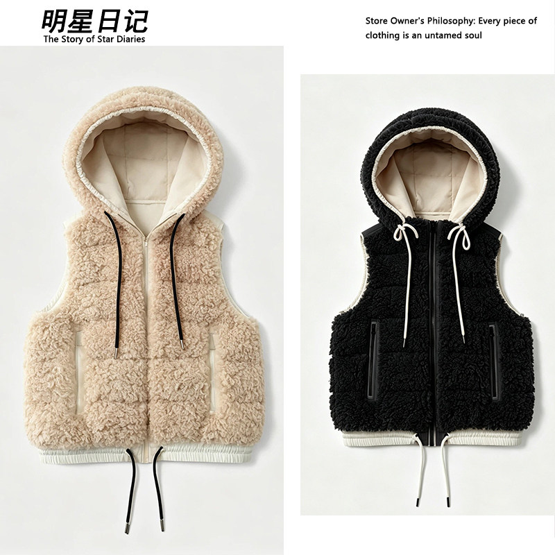 【匈牙利进口95白鹅绒】连帽抽绳鹅绒服马甲毛绒保暖连帽外套女冬
