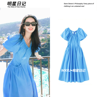 连衣裙女夏新小众设计感收腰显瘦长裙 蓝色V领泡泡袖 周也同款 法式