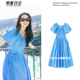 连衣裙女夏新小众设计感收腰显瘦长裙 蓝色V领泡泡袖 周也同款 法式