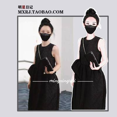 田曦薇明星同款黑色休闲收腰显气质御姐范圆领无袖夏季长款连衣裙