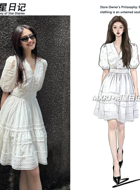 李兰迪同款法式白色镂空a字连衣裙女收腰显瘦设计感蕾丝花边短裙
