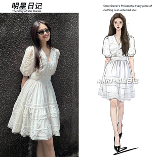 李兰迪同款 白色镂空a字连衣裙女收腰显瘦设计感蕾丝花边短裙 法式