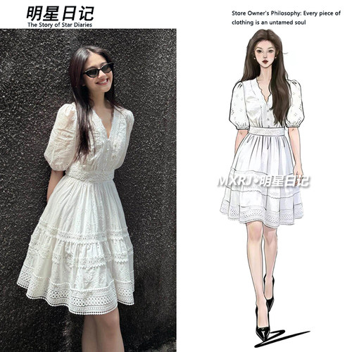 李兰迪同款法式白色镂空a字连衣裙女收腰显瘦设计感蕾丝花边短裙