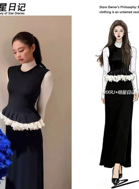 JENNIE金智妮同款整套黑色收腰花苞设计感背心千金气质连衣裙女