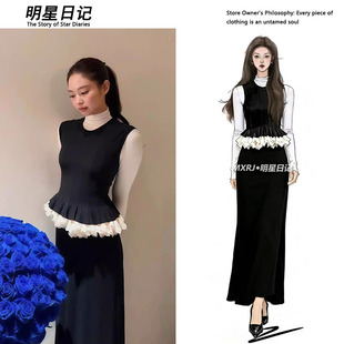 整套黑色收腰花苞设计感背心千金气质连衣裙女 JENNIE金智妮同款