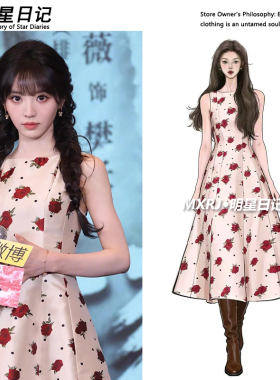 田曦薇明星同款2026法式复古玫瑰连衣裙女气质显瘦无袖背心长裙夏