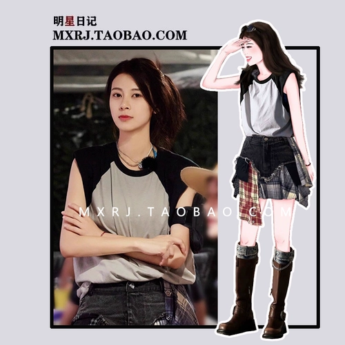 Футболка для отдыха, жилет, джинсовая юбка, в американском стиле, по фигуре