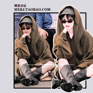 中餐厅虞书欣同款咖色灯笼袖连帽卫衣女春2025宽松慵懒风外套上衣