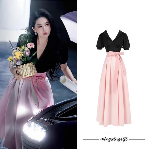刘亦菲同款法式黑色V领短袖上衣女夏季温柔风粉色半身裙套装女