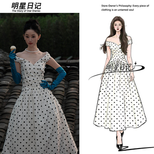 郭晓婷同款 优雅裙子夏 白色波点连衣裙女夏赫本风收腰大摆长裙法式