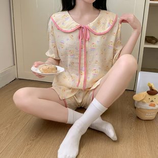 新款 娃娃领甜美少女睡衣短袖 夏季 云朵棉开衫 短裤 女士家居服套装