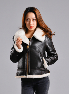 美国进口高端COCKPIT女款B3羊羔皮毛一体飞行皮衣B-3冬季加厚外套